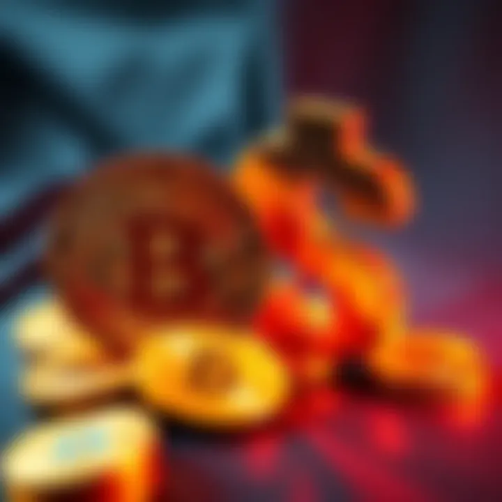 A collection of golden Bitcoin coins alongside a large dollar sign, illustrating the concept of cryptocurrency and its perceived value.