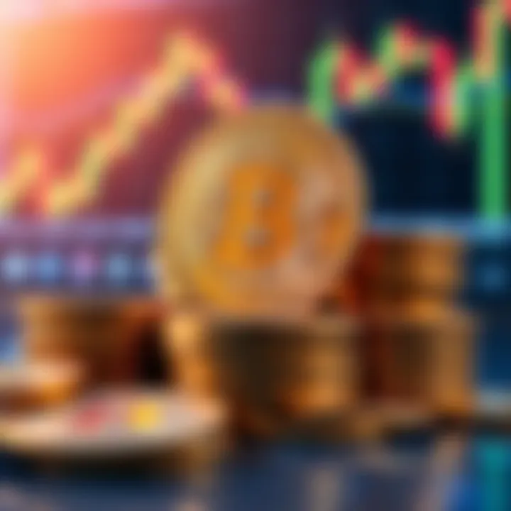 A close-up of stacked Bitcoin coins with a blurred financial chart in the background, representing long-term investment strategies.