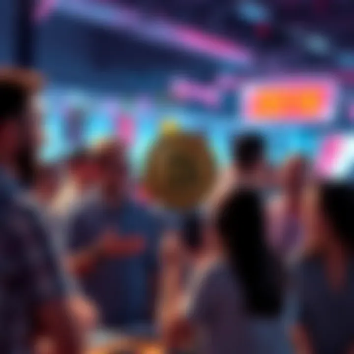 People discussing Bitcoin with enthusiasm and concern in a vibrant setting