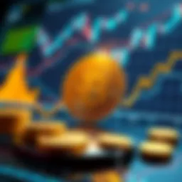 A shiny gold Bitcoin symbol on a digital background with graphs and currency icons around it