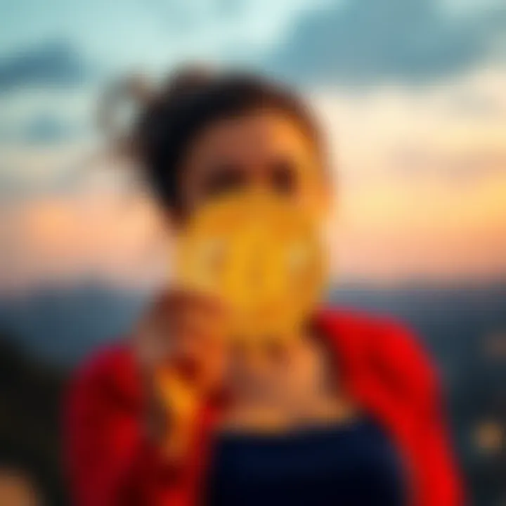 A proud moment as a young woman joyfully holds a Bitcoin symbol, symbolizing her journey into cryptocurrency