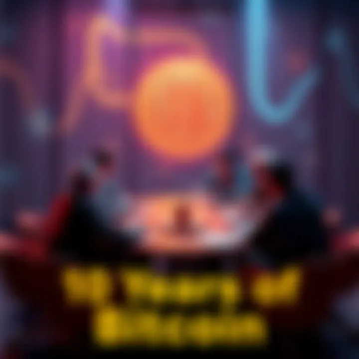 Discussion on Bitcoin A group of people discussing Bitcoin at a round table, sharing ideas and questions about the cryptocurrency market over the last decade.