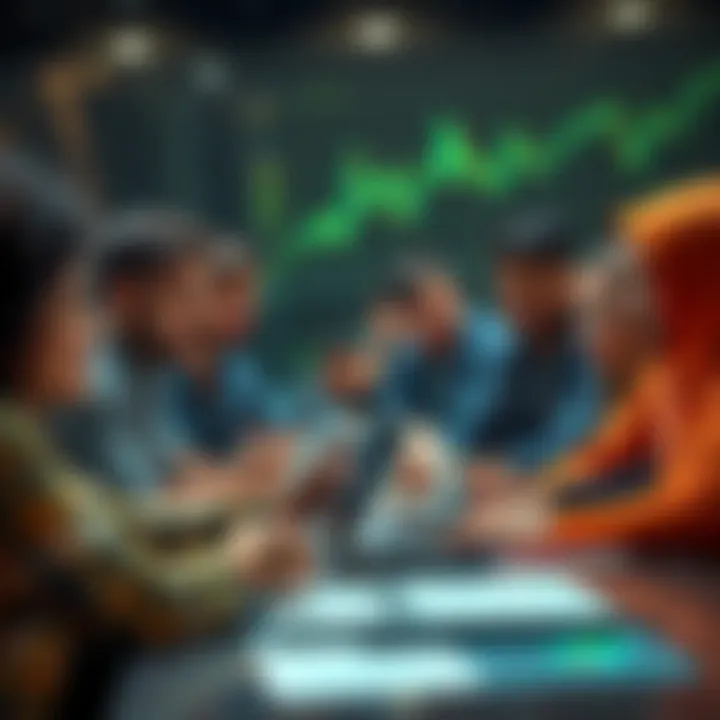 A group of diverse people engaging in a lively discussion about Bitcoin with charts and laptops.