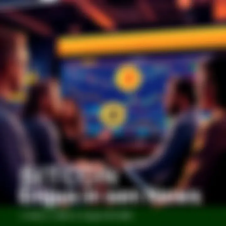 A group of people engaged in a conversation about Bitcoin, with charts and graphs displayed on a screen in the background.