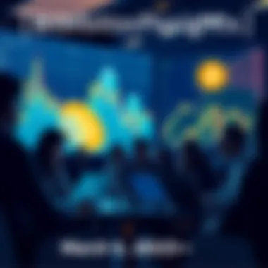 Group of people discussing Bitcoin with charts and laptops