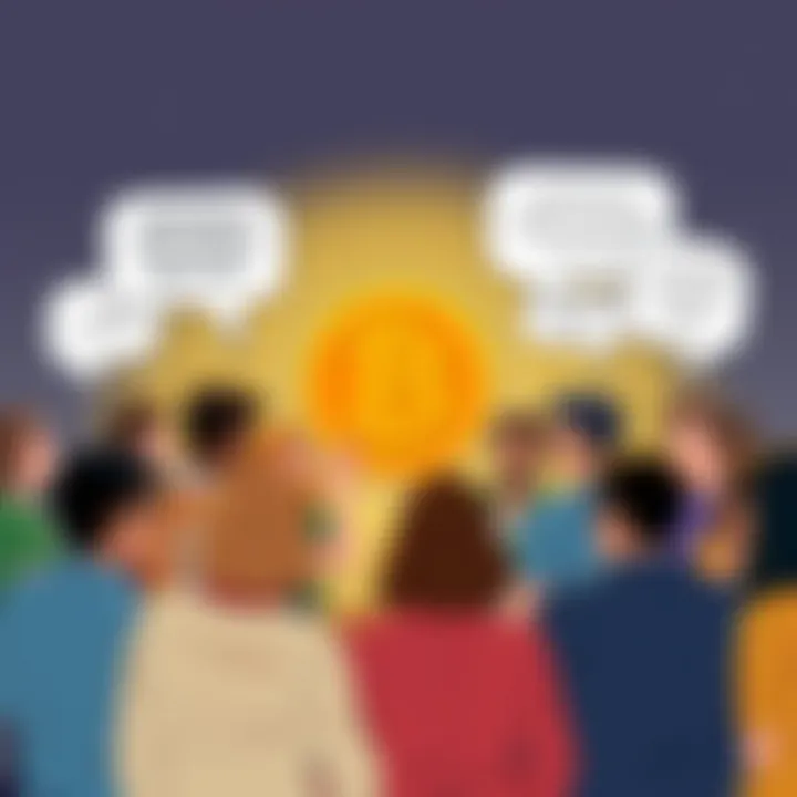 A digital illustration showing a group of diverse people engaging in a lively discussion about Bitcoin, with speech bubbles containing trending topics and questions.