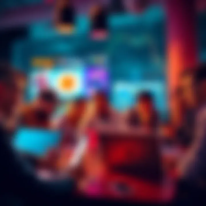 A group of people engaging in a lively conversation about Bitcoin with laptops and smartphones.