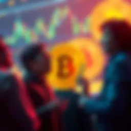 People engaging in a conversation about Bitcoin with charts and digital coins in the background