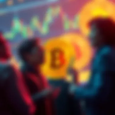 People engaging in a conversation about Bitcoin with charts and digital coins in the background