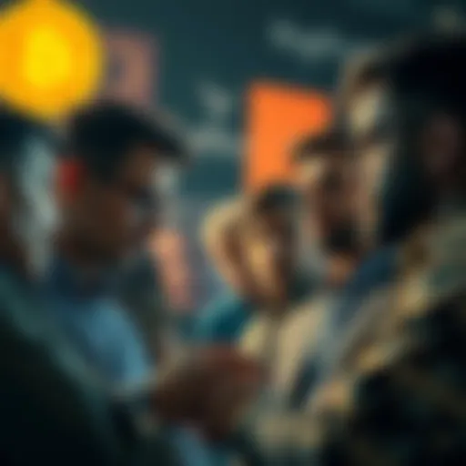 A group of people discussing Bitcoin market trends and concerns, looking serious about future risks and rewards.