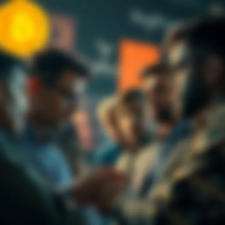 A group of people discussing Bitcoin market trends and concerns, looking serious about future risks and rewards.