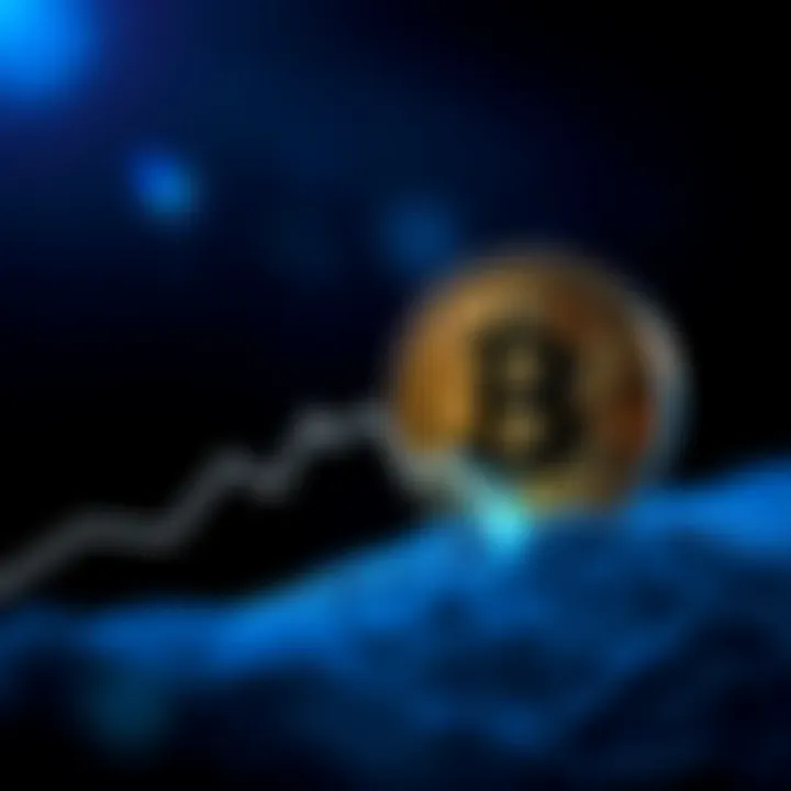 Bitcoin symbol with a downward trend line, representing the current market downturn, contrasted against a dark background.