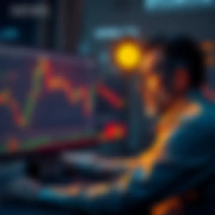 A worried businessman looks at a falling Bitcoin chart on a computer screen, contemplating selling his assets to save his company.