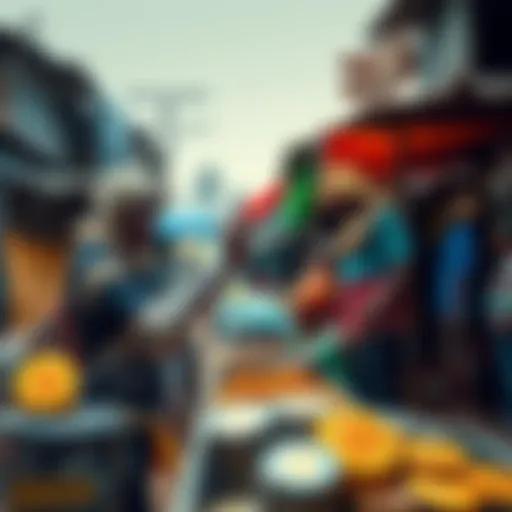 A busy market scene in Nairobi's largest slum with people engaging in Bitcoin transactions and vibrant stalls