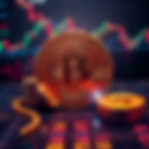A large digital representation of Bitcoin with a background showing financial graphs and dark pool trading concepts