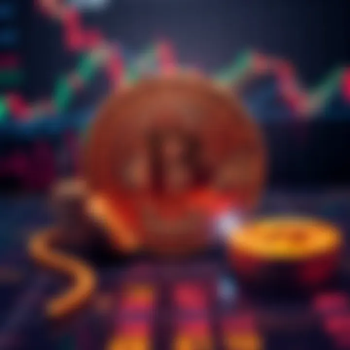 A large digital representation of Bitcoin with a background showing financial graphs and dark pool trading concepts