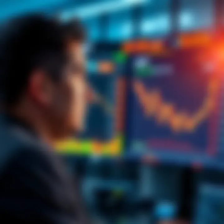 A trader looking concerned while watching Bitcoin ETF prices on a screen showing a downward trend.