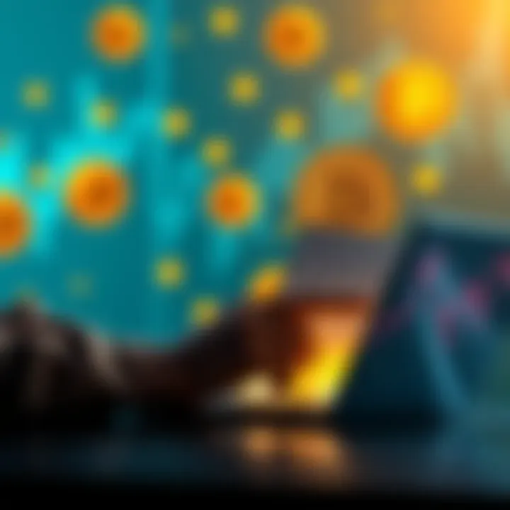 A person reading Satoshi's white paper on a laptop, with Bitcoin symbols in the background, symbolizing financial transformation.