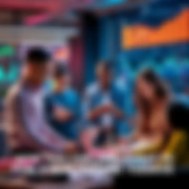 A diverse group of people collaborating over Bitcoin with digital devices and charts in a modern workspace