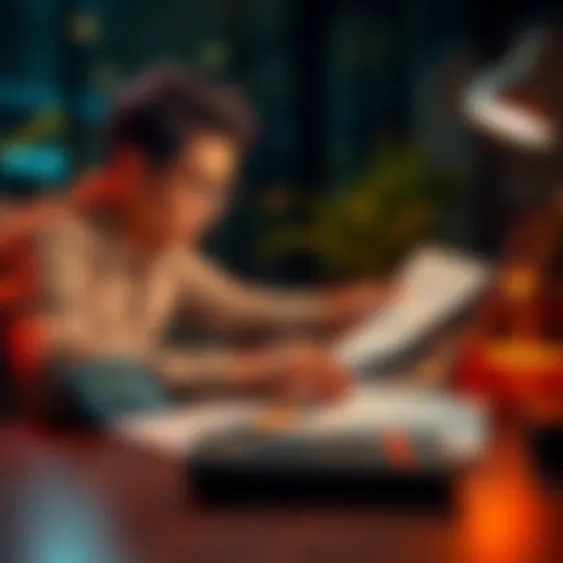 A person sitting at a desk, reviewing documents and calculating gains from Bitcoin sales on a laptop, with notes and a calculator nearby.
