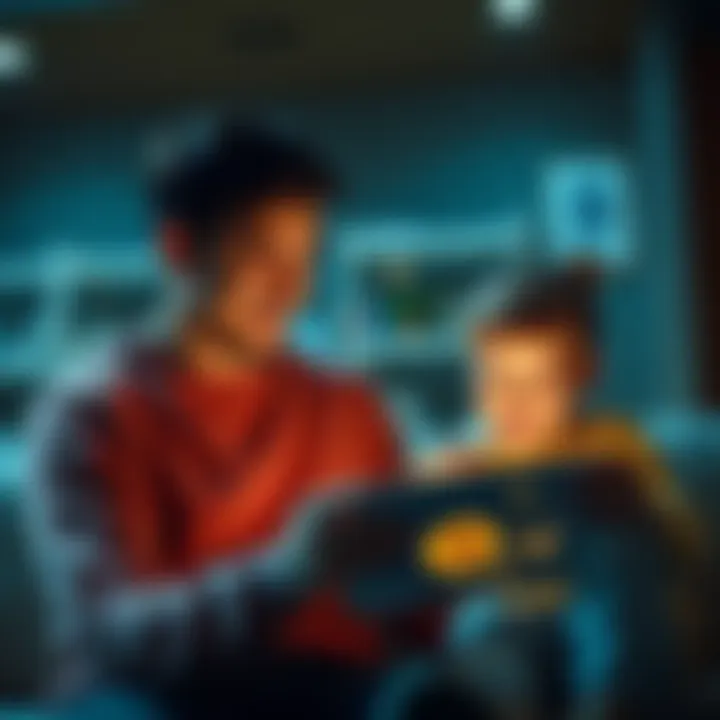 A parent and child exploring cryptocurrency on a tablet, representing the gift of Bitcoin for a secure financial future.