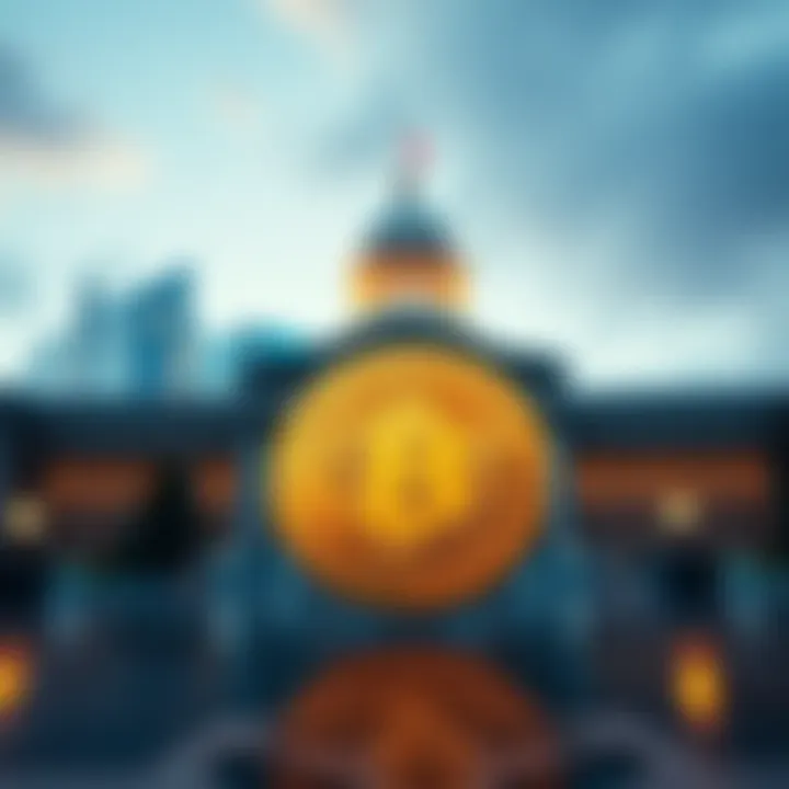 A Bitcoin coin in front of a government building, symbolizing the influence of government control on cryptocurrency.