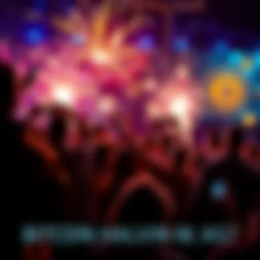 People celebrating the successful Bitcoin halving with fireworks and digital graphics of Bitcoin symbols in the background.