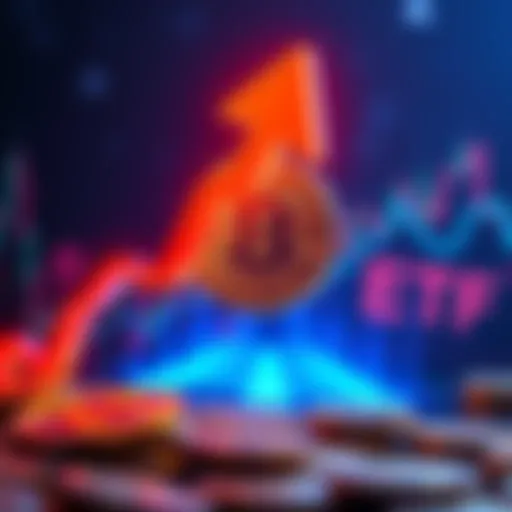 A graphic representation of Bitcoin with a downward trend arrow and increasing ETF symbols, symbolizing market changes.