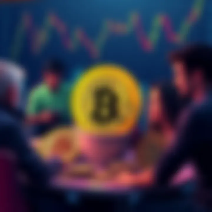 A group of people discussing their experiences with Bitcoin investments, with charts and graphs in the background showcasing cryptocurrency trends.