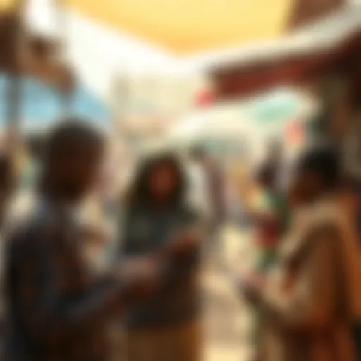 A group of people discussing Bitcoin benefits in a market setting in an impoverished area, with mobile devices in hand.