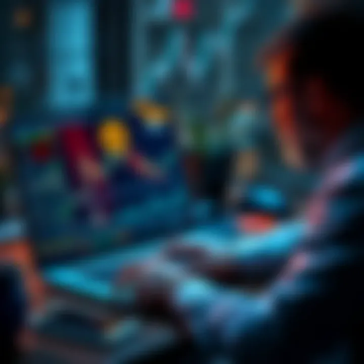 A financial analyst reviews Bitcoin trends on a laptop with charts and graphs on the screen.