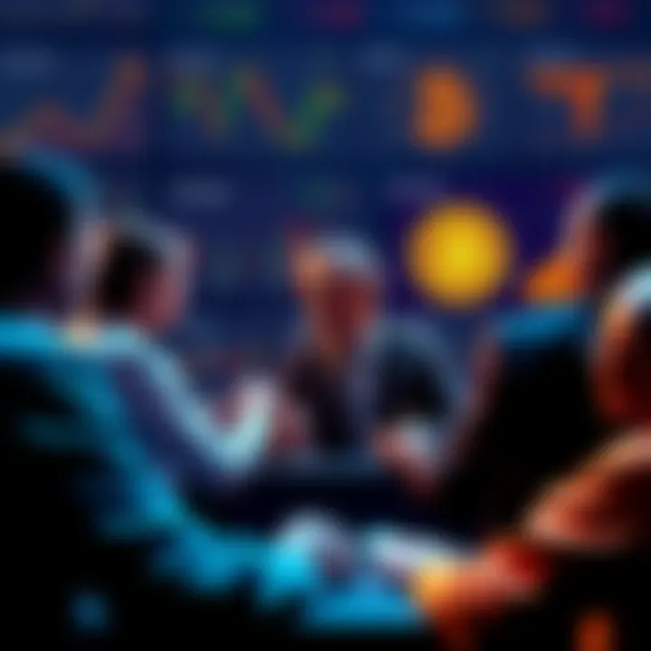 A group of people discussing concerns about Bitcoin investment, showing various charts and graphs illustrating financial risks and market volatility.