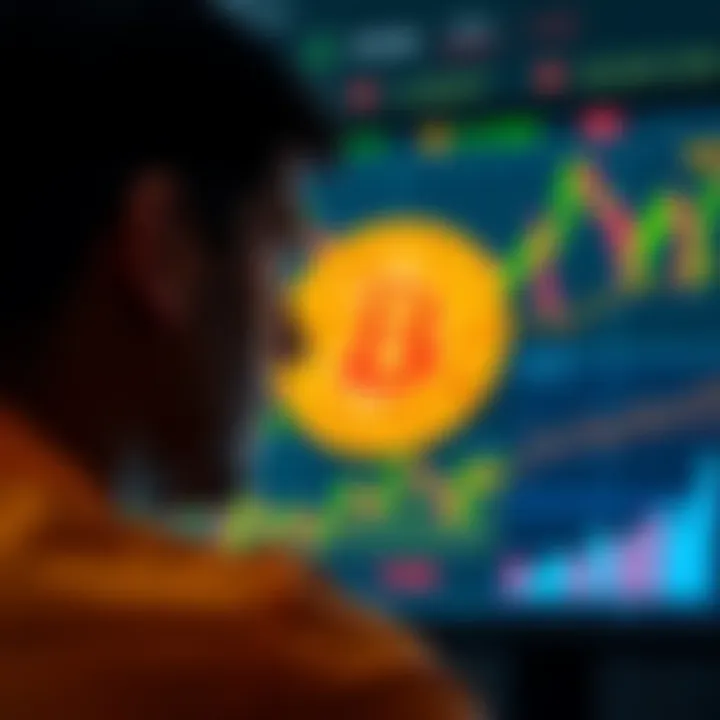 A person looking at a screen displaying Bitcoin prices and graphs, contemplating whether to hold or sell their investment.