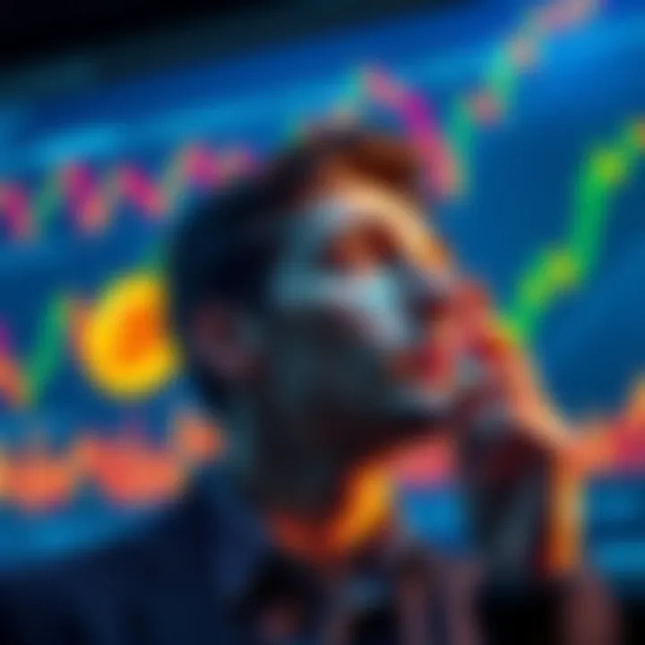 Bitcoin investment decision A person contemplating a Bitcoin purchase, with charts and graphs in the background showing market trends.