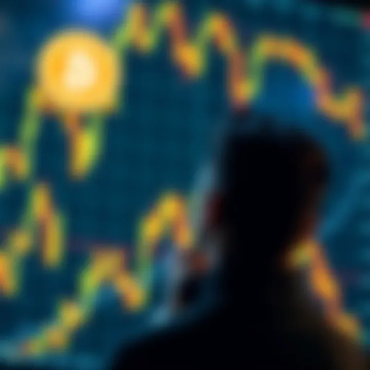 A person looking at a digital chart of Bitcoin prices, contemplating investment opportunities, with a glowing Bitcoin symbol in the foreground.