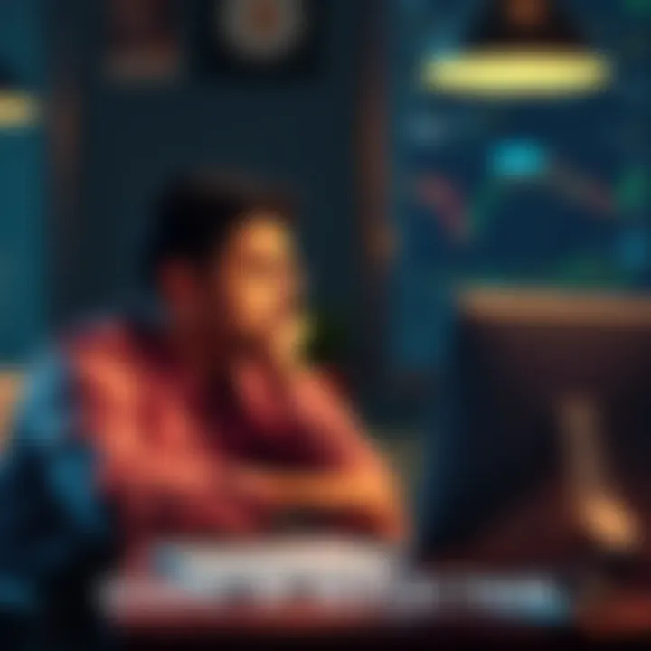 A person sitting at a desk looking at a Bitcoin chart on a laptop, with a concerned expression, reflecting on their financial choices.