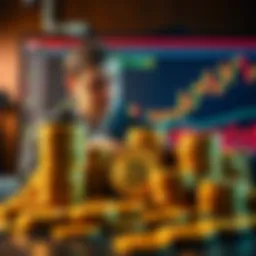 Michael Saylor investing in Bitcoin with stacks of coins and a graph showing market trends in the background.