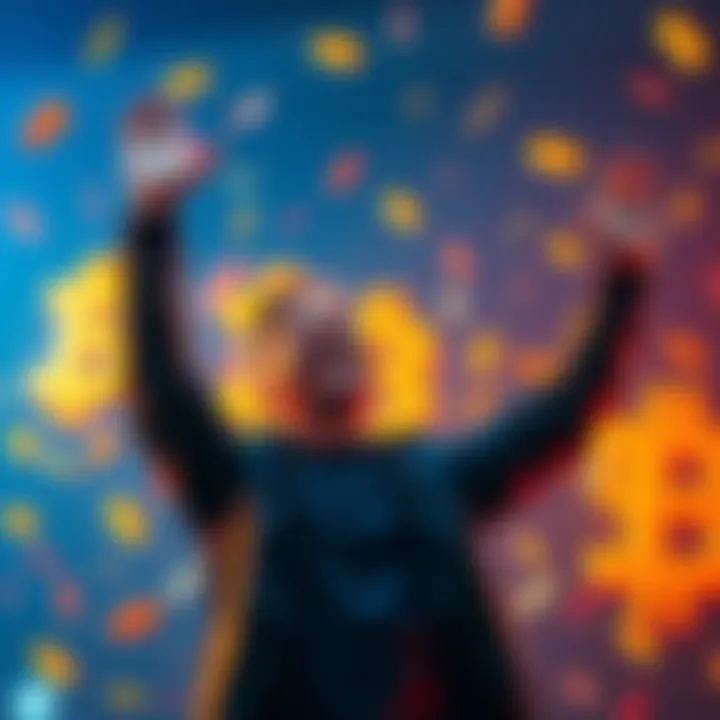 A person celebrating their financial success after investing in Bitcoin, with dollar signs and a digital currency symbol in the background.