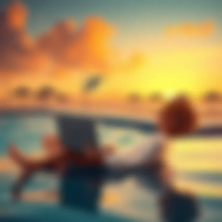 A person relaxing at a beach with a laptop and a Bitcoin symbol in the background, symbolizing financial freedom through cryptocurrency ownership.