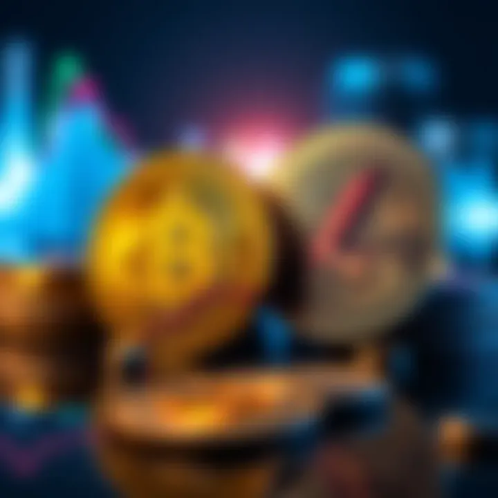 Bitcoin and Litecoin Exchange A graphic showing Bitcoin and Litecoin coins with an upward trend line, suggesting a positive exchange rate.