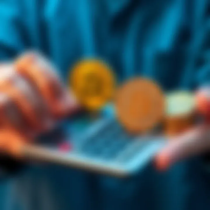 A person holding a calculator and Bitcoin coins, comparing two investment strategies: loans and dollar-cost averaging.