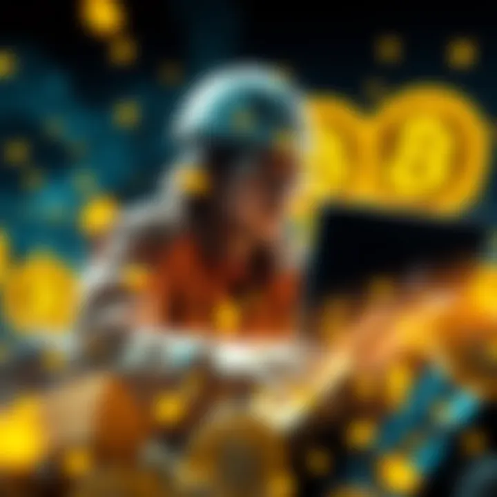 Mining for Digital Gold A futuristic graphic of a miner working on a computer with Bitcoin symbols in the background