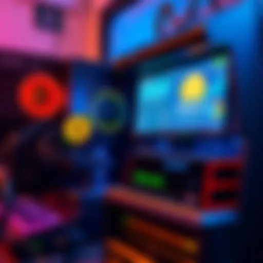 A computer rig with multiple graphics cards used for Bitcoin mining, showcasing a bright screen displaying Bitcoin graphs and stats.