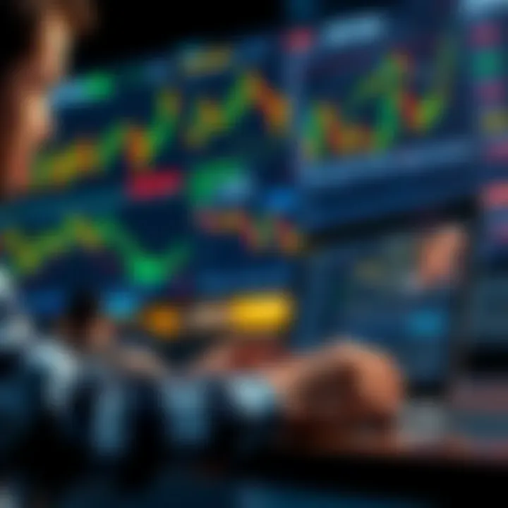 A person reading Bitcoin news on a laptop, surrounded by charts and graphs indicating market trends.