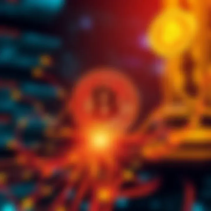 A visual representation of a Bitcoin node in progress, showing connection to the blockchain with data streams and networking elements