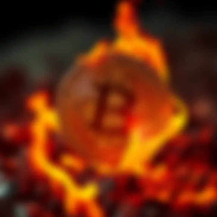 A burning Bitcoin symbol representing the controversy around its value and stability.