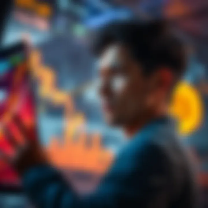 A person looking at a declining Bitcoin price chart with a thoughtful expression, symbolizing the decision to invest during market downturns.