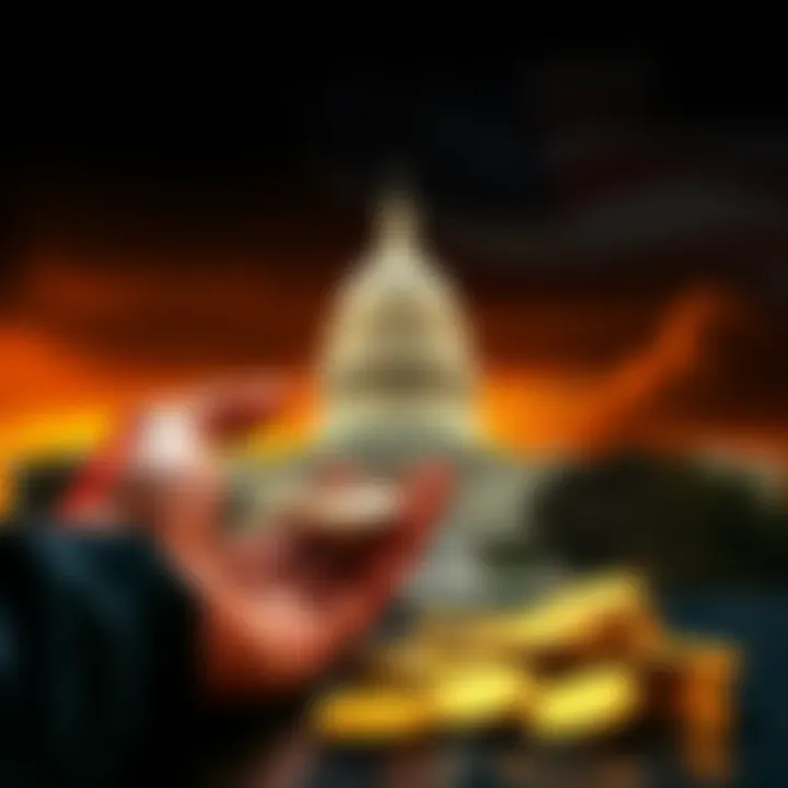 A person counting Bitcoin coins with a silhouette of the US Capitol in the background, symbolizing cryptocurrency's influence in politics.