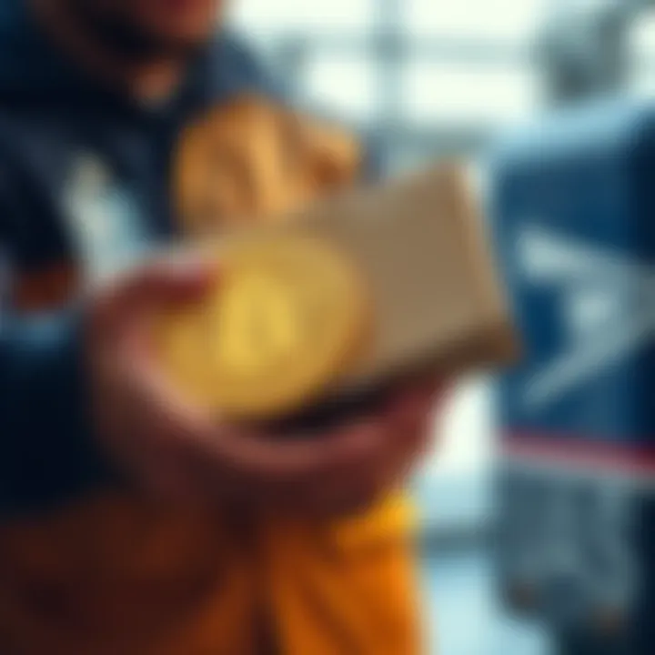 A postal worker holding a package with a Bitcoin logo, symbolizing the use of Bitcoin for postal services in the USA.