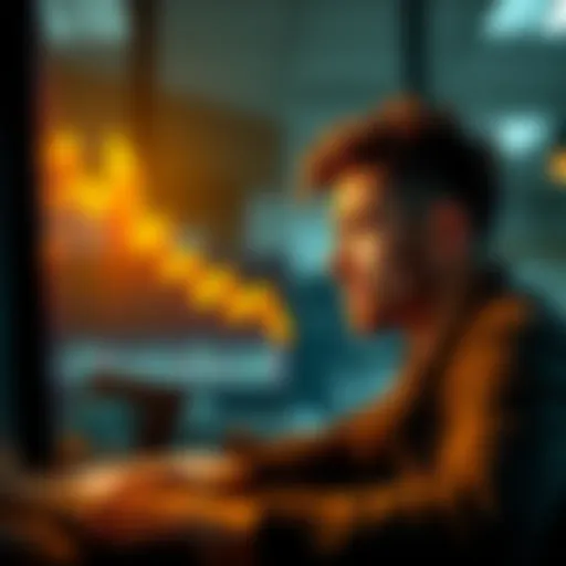 A person looking worried at a computer screen showing declining Bitcoin prices
